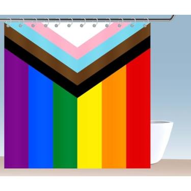 Imagem de Petite Pine Cortina de chuveiro com bandeira arco-íris progressiva de poliéster 72 × 72 polegadas, com ganchos e ilhós, decoração de banheiro LGBTQ à prova d'água 182 × 182 cm, cortinas de acessórios