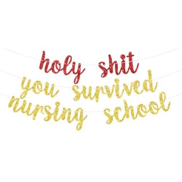 Imagem de Faixa de sobrevivente da escola de enfermagem, Future Nurse/Congrats Grad, Straight Outta Nursing School, Congrats Nurse Class of 2026, decorações de festa de formatura, vermelho e dourado com glitter