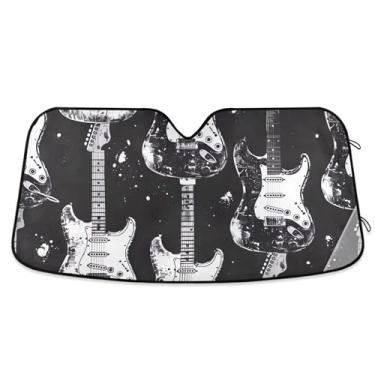 Imagem de Toldo de sol personalizado para guitarras pretas para para-brisas de carro retrátil dobrável caminhão persianas de carro para janelas dianteiras automotivas L, 144,8 cm x 80 cm