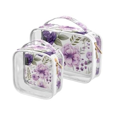 Imagem de GAIGEO Bolsa de cosméticos à prova d'água de Natal com estrelas e árvores, bolsas de maquiagem para viagens, bolsas de maquiagem para mulheres, pacote com 2, Aquarela roxa floral - 4, one size