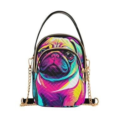 Imagem de Bolsa transversal feminina floral roxa em aquarela, bolsa transversal casual com alça removível, Cão Pug gráfico em desenho animado - 2, One Size