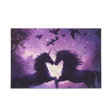 Imagem de 1000 peças unicórnios Night Purple Picture Puzzles, papel e madeira composto adulto jogos de quebra-cabeça com bolsa de armazenamento