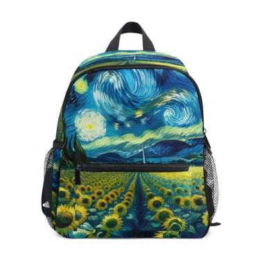 Imagem de GAIGEO Sunflowers Starry Night Blue Backpacks for Kids 10x4x12 In, Little Boys Backpack with Water Bottle Pockets, Whistle Buckle