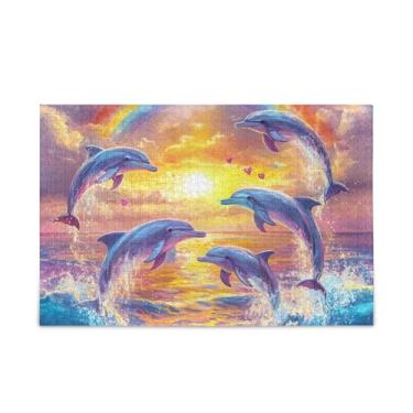 Imagem de Quebra-cabeças adultos de 1000 peças de arco-íris de golfinho, papel e composto de madeira com bolsa de armazenamento