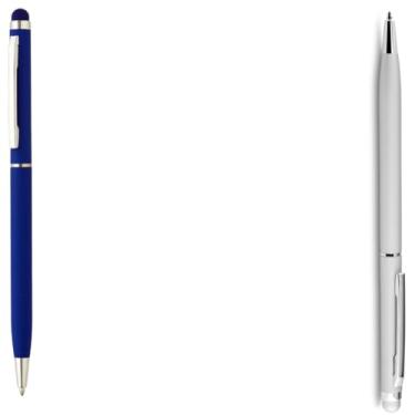 Imagem de Caneta esferográfica de metal escrita em azul, com ponta touch com corpo emborrachado Anotações modernas (Azul e Prata)