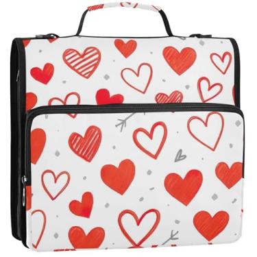 Imagem de Organizador de fichário com zíper, corações vermelhos, branco, 3 anéis, 3 anéis, bolsa grande para fichários escolares com alça de ombro, suporte para 500 lençóis, 34,5 x 31,5 x 9 cm