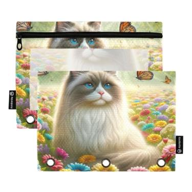 Imagem de GAIGEO Ragdoll Cat Print Floral 3 Anéis Fichário Bolsa Lápis Zíper Fichário Lápis Pastas Escolares Bolsos Transparentes Estudantes 25 cm x 18 cm, 2 Pacotes