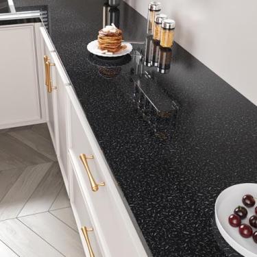 Imagem de FANCYEASY Papel de contato de bancada de granito preto brilhante à prova d'água removível papel de parede de mármore preto descasque e cole bancadas para cozinha, armários de banheiro, prateleiras