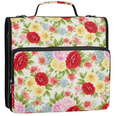 Imagem de Organizador de fichário com zíper vintage rosas 3,5 cm, 3 anéis, bolsa resistente para guardar negócios com alça para portfólio escolar e estojo para pasta de anéis, 34,5 x 31,5 x 8,9 cm