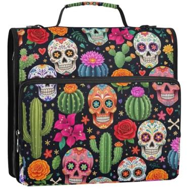 Imagem de Organizador de fichário com zíper, caveiras coloridas, preto, 3,5 polegadas, 3 anéis, bolsa de fichário de desenho animado resistente, com alça de ombro, portfólio e estojo para pasta de anel, 34,5 x