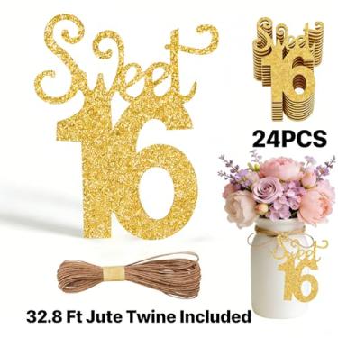 Imagem de ALISSAR 24 peças Sweet 16 etiquetas com barbante de juta de 32,8 metros para decorações doces de aniversário de 16 anos, kit de decoração de festa de 16º aniversário, decoração de pote de pedreiro