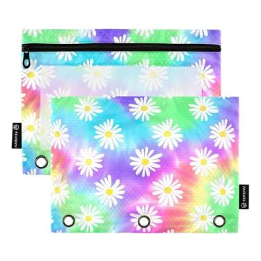 Imagem de Animal Floral 3 anéis fichário bolsa de lápis colorido tie dye pastel margarida flores caneta lápis bolsa zíper fichário escola transparente bolsos florais 25 cm x 18 cm, 2 pacotes