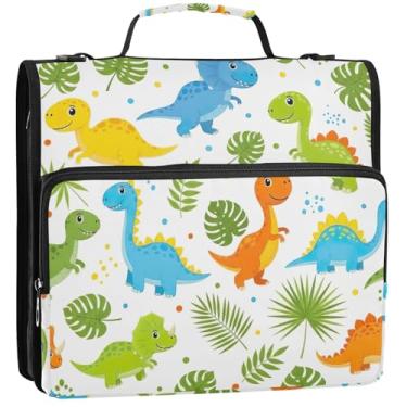 Imagem de Organizador de fichário com zíper, dinossauros, desenhos animados, 3 argolas de 3 cm, bolsa escolar divertida com alça de ombro, pasta de armazenamento com alça, 34,5 x 31,5 x 9 cm