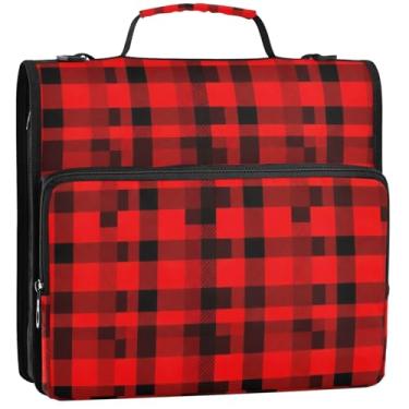Imagem de Lindo organizador de fichários com zíper, fichários de 3,5 cm, 3 anéis, xadrez, buffalo, vermelho, preto, vários bolsos, pasta grande para fichários escolares com alça de ombro, 34,5 x 31,5 x 8,9 cm