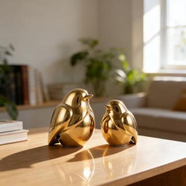 Imagem de oliruim Conjunto de 2 peças de estatuetas decorativas de pássaros dourados de cerâmica - decoração minimalista de pássaros para mesa de sala de estar, prateleira flutuante, bugigangas de banheiro