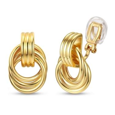 Imagem de ORAZIO Brincos femininos com clipe geométrico, exclusivos, não perfurados, banhado a ouro 14 quilates, nó grosso, brincos de argola com pingente de argola para mulheres, modernos, Cobre, Sem pedra