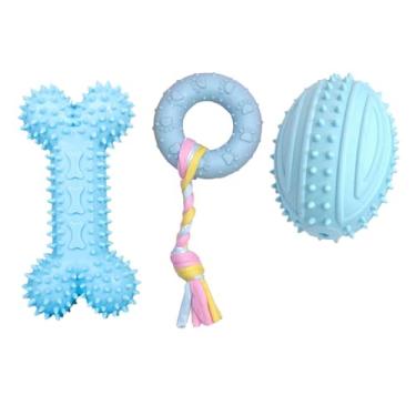 Imagem de Brinquedo Dental Mordedor Puxador para Cachorros Cães Pequenos Porte Pet Anti-Stress Resistente Osso Donut Rugby (Azul KIT)