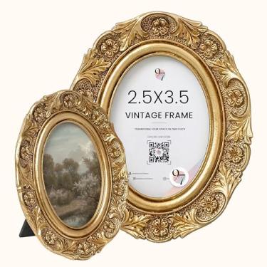 Imagem de 97 Decor Porta-retratos vintage pequenos 6 x 8 cm - Molduras ovais de 6 x 8 cm para fotos tamanho carteira, moldura dourada antiga 6 x 8 cm para montagem em mesa e parede, moldura ornamentada pequena
