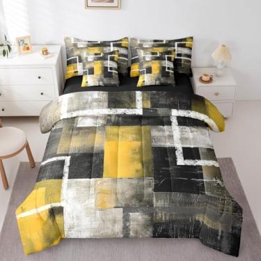 Imagem de Erosebridal Jogo de cama King com estampa de óleo geométrico, amarelo, cinza, preto, 7 peças, aquarela, patchwork, geométrico, quadrado, em uma bolsa, arte moderna, conjunto de cama para crianças