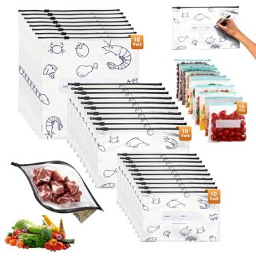 Imagem de 30 sacos de armazenamento reutilizáveis de folha de alumínio seláveis, 10 peças de sacos ziploc reutilizáveis, bolsas de zíper a vácuo resseláveis para alimentos, bolsa de alumínio com etiqueta para