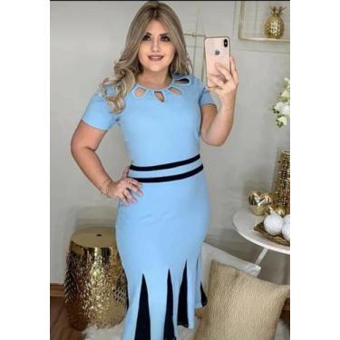 Imagem de Vestido MIDI Plus Size Nesga Moda Feminina Evangélica, Azul claro, G1