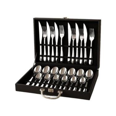 Imagem de Faqueiro 24 Peças Em Aço Inox Conjunto Talheres Maleta Preta - CORTINO