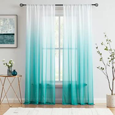 Imagem de Cortinas transparentes de chiffon ombré, azul-petróleo, 224 cm de comprimento para decoração de sala de estar e quarto, cortina de janela semitransparente gradiente enrugada para quarto de meninas