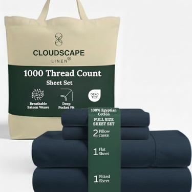Imagem de Jogo de cama casal de algodão egípcio de camada dupla Cloud Scape Linen – Trama de cetim de fibra longa, conjunto de cama macio de qualidade hoteleira de 4 peças, bolsos profundos de até 43 cm, jeans