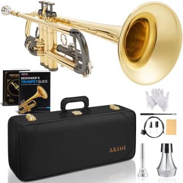Imagem de AKLOT Trompete de sino martelado à mão: ação de válvula lisa, corpo de latão laqueado transparente, conjunto de trompete padrão para iniciantes com estojo de couro, livro de aula, mudo de trompete