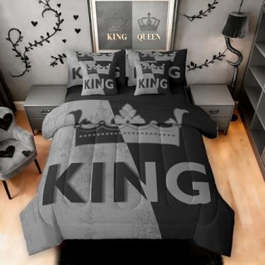 Imagem de Erosebridal Conjunto de edredom de 7 peças King Crown para cama casal, vintage, preto e cinza, conjunto de cama romântico para o Dia dos Namorados para mulheres, presentes de casal para ele e ela