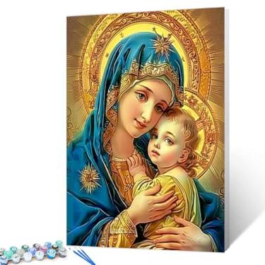 Imagem de Kit de pintura por números Mãe Católica Santa Maria para adultos iniciantes estudantes meninos e meninas, bebê Jesus Virgem, pintura a óleo sobre tela, acrílico lúdico, artesanato, presente, 40,6 x