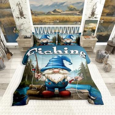 Imagem de Erosebridal Jogo de cama queen com gnomo de pesca, pescador e peixe, para crianças, meninos, homens, edredom de casa de lago, decoração de quarto rústico, gnomos rústicas, 2 fronhas respiráveis
