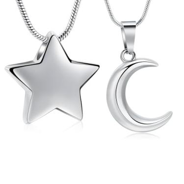 Imagem de mingkejw Colar de urna de estrela da lua pequena para cinzas, joia de cremação para mulheres e homens, colar memorial de aço inoxidável, suporte de cinzas para animais de estimação humanos, joia de