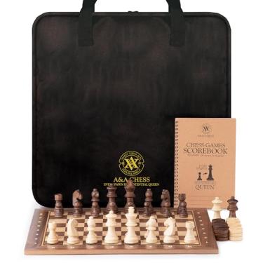 Imagem de A&A Professional Wooden Chess and Checkers Set, 15.5" Wooden Board with 3" Weighted Wooden Chess Pieces, Chess Scorebook and Storage Bag