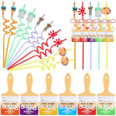 Imagem de Honeydak 30 Valentines Day Gifts Bulk Art Painting Drinking Straws Styling Reusable with Brush Cards Painting Theme for Birthday Back to School Party Supplies Suitable for 12+