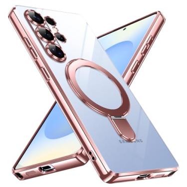 Imagem de YSLBWLE Capa ultrafina de TPU para Samsung Galaxy S25 com suporte magnético [à prova de choque de grau militar] Capa macia flexível antiamarelamento fina e suporte de 360° (rosa) 28-s25u-04
