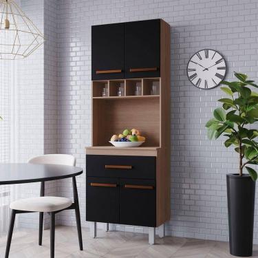 Imagem de Paneleiro Zínia 4 Portas 1 Gaveta Cozinha Mb1 200cm Cor Savana Preto