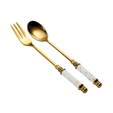 Imagem de Colher de chá de aço inoxidável e garfo de sobremesa, colheres de jantar com alça decorativa de mármore artificial, colheres de sobremesa para casa, cozinha ou restaurante (branca)