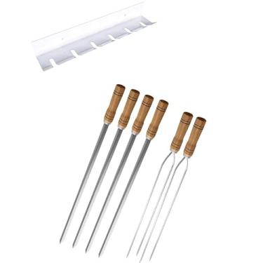 Imagem de Kit/Conj. suporte + 4 espetos simples + 2 espetos duplo cabo madeira 70 cm de lâmina