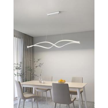 Imagem de Lustre pendente linear para sala de jantar, LED, dimerizável, com controle remoto, temperatura de cor de 3000 a 6000K, moderno, para mesa de jantar em ilha, escritório, altura ajustável, cúp