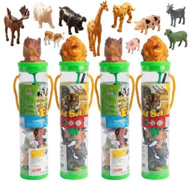Imagem de Kit 4 Tubos De Brinquedos Animais Da Fazenda e Selvagem Realista Ataca