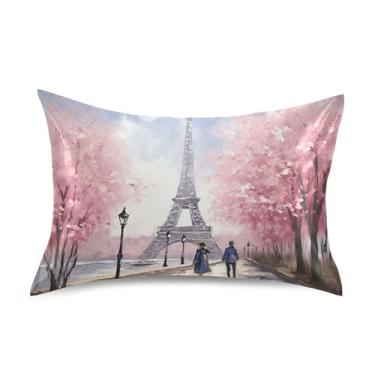 Imagem de xigua Capa de almofada de cetim com pintura da Torre Eiffel para cabelo e pele, lavável à máquina, antiderrapante, refrescante, almofada queen com fecho de envelope, 50,8 cm x 76,2 cm