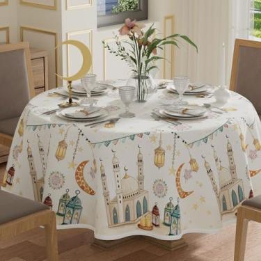 Imagem de XCHI Toalha de mesa redonda Castle Lantern Moons Stars Ramadan Mubarak Toalha de mesa redonda para decoração de festa em casa de jantar em casa 170 x 182 cm
