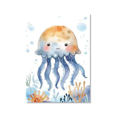 Imagem de Impressão de berçário de animais oceânicos desenho animado tartaruga marinha baleia pôster aquarela animais marinhos pintura em tela decoração de parede quarto infantil (SKU4,50.8x71.1 cm = (50x70cm