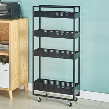Imagem de Carrinho de armazenamento fino com rolamento, prateleira móvel de 4 níveis, organizador que economiza espaço para espaços pequenos, banheiro e cozinha, fácil montagem, carrinho preto com rodas