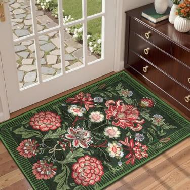 Imagem de GarveeHome Tapete de porta floral verde floresta 5 x 7 cm para entrada pequeno vintage boho chalé lavável antiderrapante tapete de pelo baixo para quarto, cozinha, banheiro, entrada