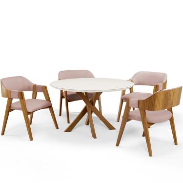 Imagem de Mesa De Jantar Redonda Cora 120cm Off White M04 com 04 Cadeiras Living Suran Linho Rosê - Lyam