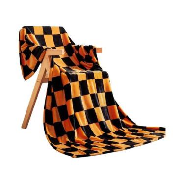 Imagem de Cobertor De Flanela Xadrez Preto E Laranja Para Sofá, Cama, Soneca, Ca