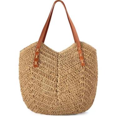 Imagem de Bolsa de praia de palha Loiyadn Large para mulheres com zíper cáqui