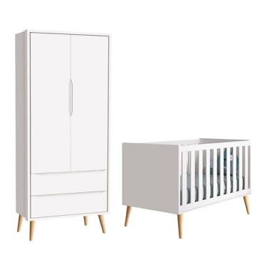 Imagem de Berço Americano E Guarda Roupa 2 Portas Infantil Theo Branco Acetinado Com Pés Madeira Natural ? Reller